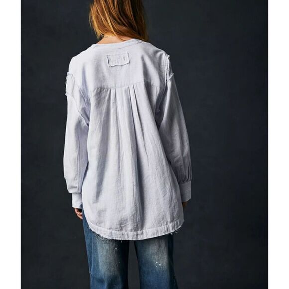 Free People Womens Size S Blue Pinstripe Sky Combo Edge Washed Tunic Blouse Boho - Picture 14 of 14